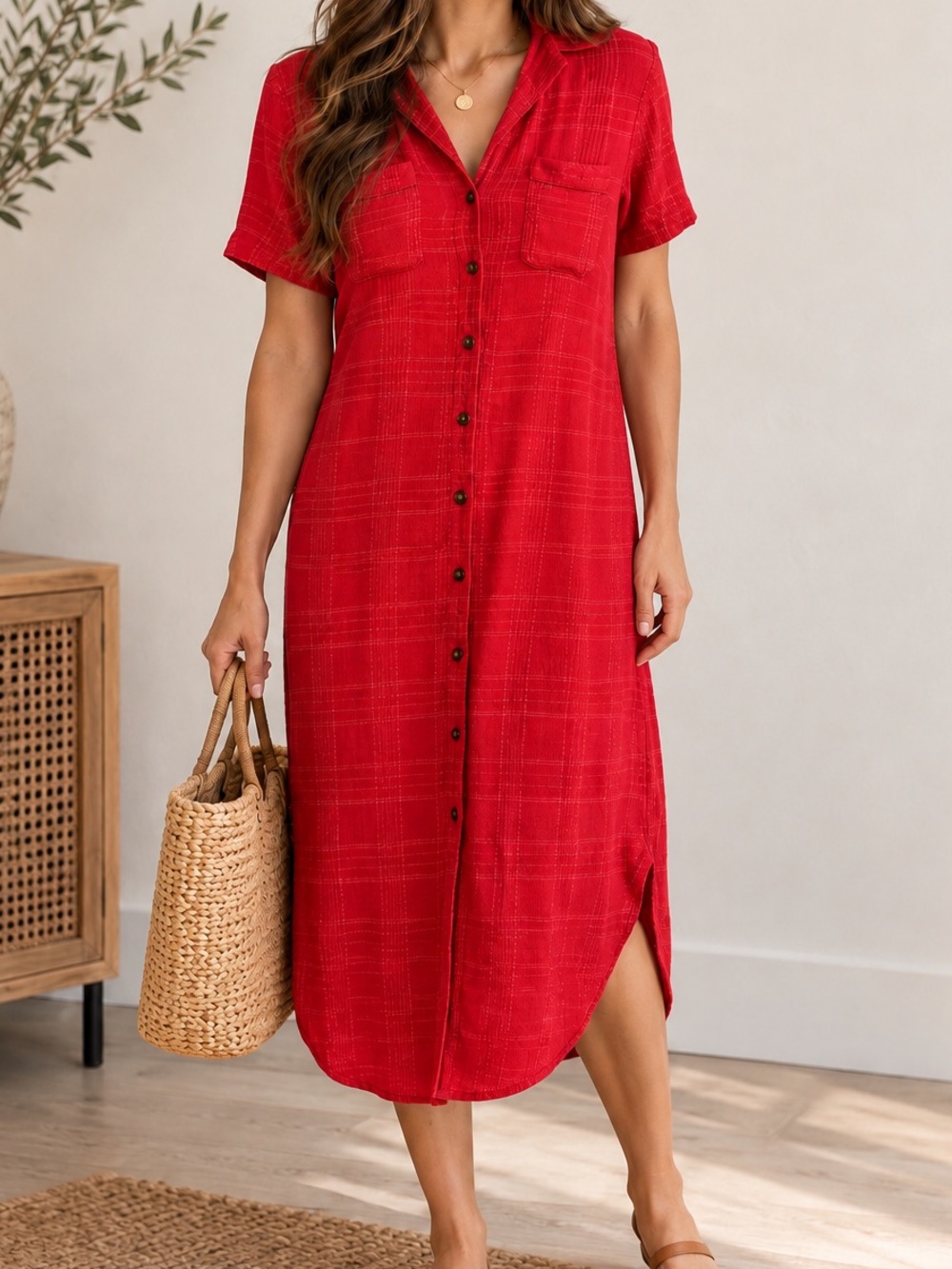 Maeve Anthropologie Red Textured Shirt Dress Midi XS